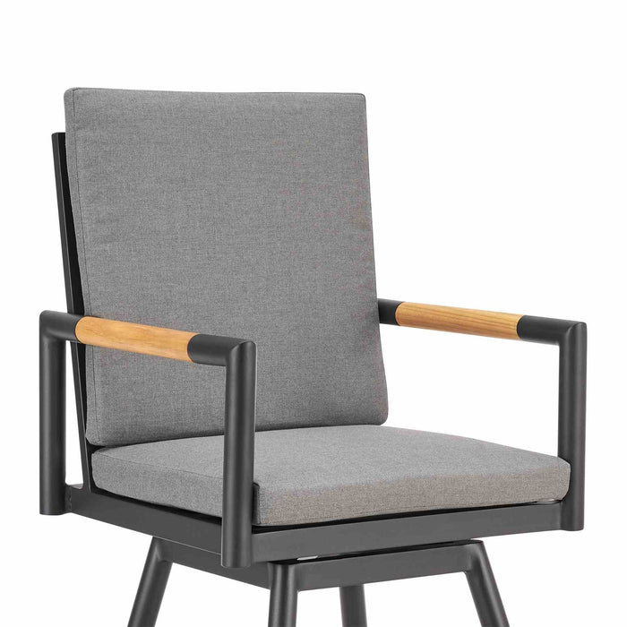 Crown Outdoor Patio Swivel Bar Stool in Black Aluminum with Wood Accent and Dark Gray Cushions
