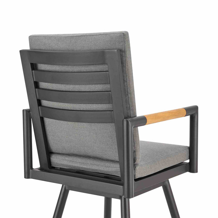 Crown Outdoor Patio Swivel Bar Stool in Black Aluminum with Wood Accent and Dark Gray Cushions