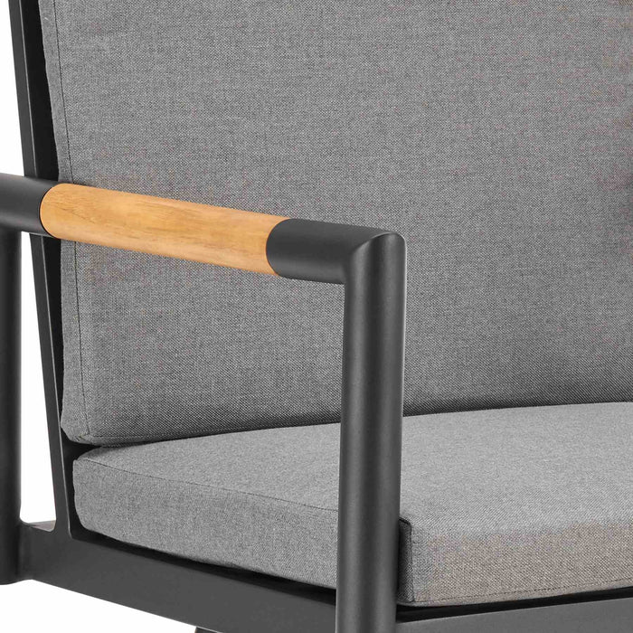 Crown Outdoor Patio Swivel Bar Stool in Black Aluminum with Wood Accent and Dark Gray Cushions