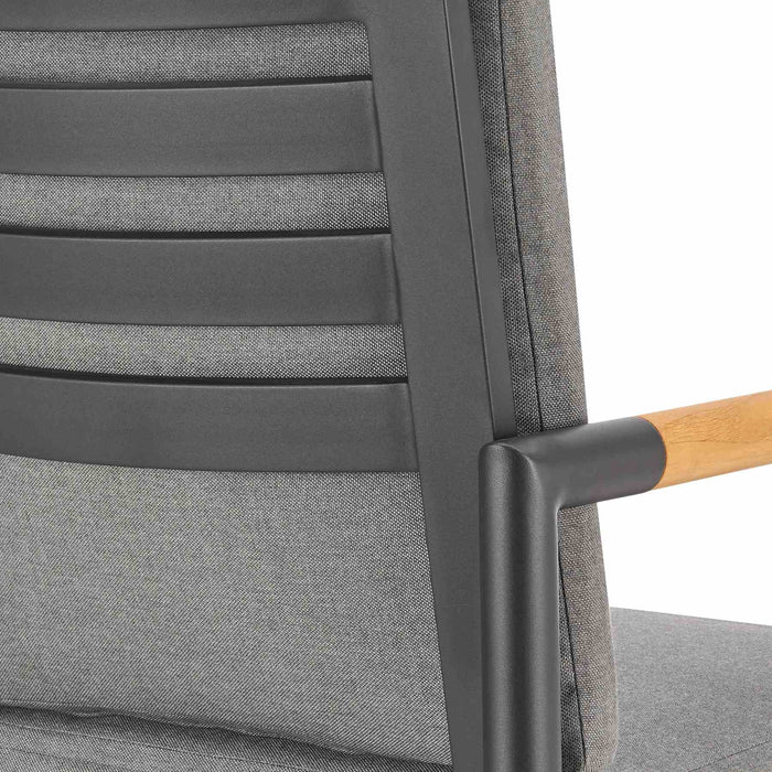 Crown Outdoor Patio Swivel Bar Stool in Black Aluminum with Wood Accent and Dark Gray Cushions