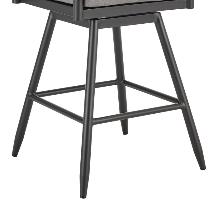 Crown Outdoor Patio Swivel Bar Stool in Black Aluminum with Wood Accent and Dark Gray Cushions