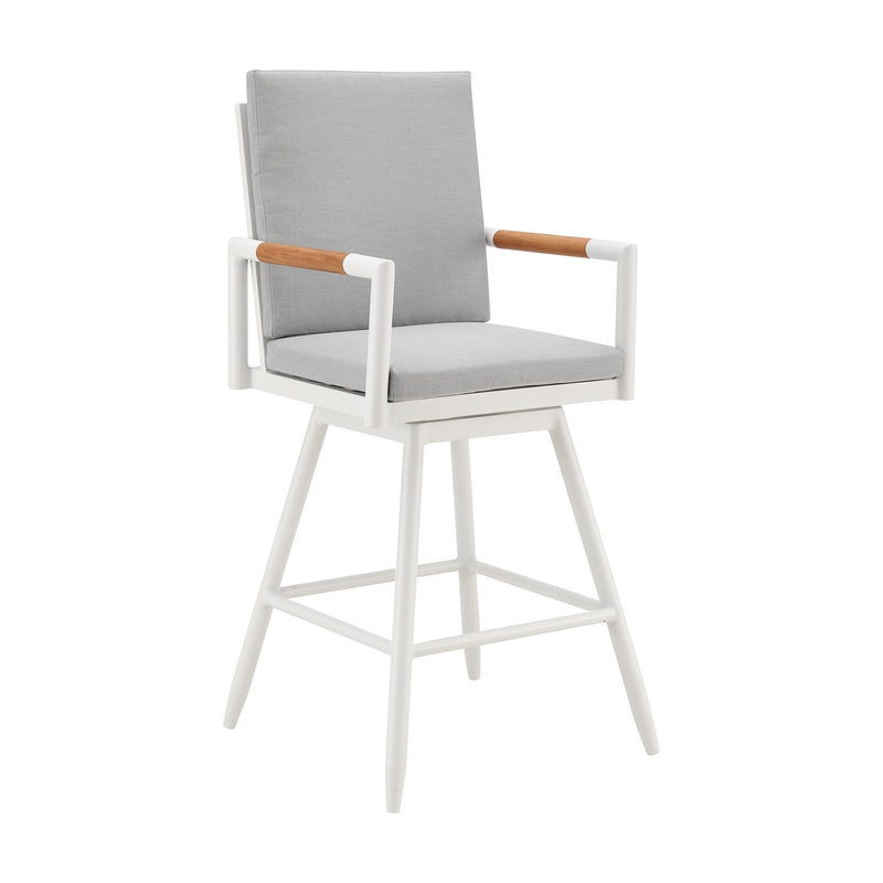 Crown Outdoor Patio Swivel Counter Stool in White Aluminum with Wood Accent and Light Gray Cushions - Furniture City (CA)l