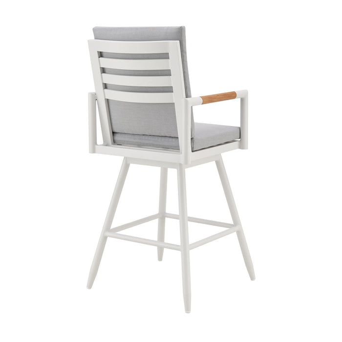 Crown Outdoor Patio Swivel Counter Stool in White Aluminum with Wood Accent and Light Gray Cushions