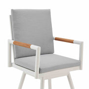 Crown Outdoor Patio Swivel Counter Stool in White Aluminum with Wood Accent and Light Gray Cushions - Furniture City (CA)l