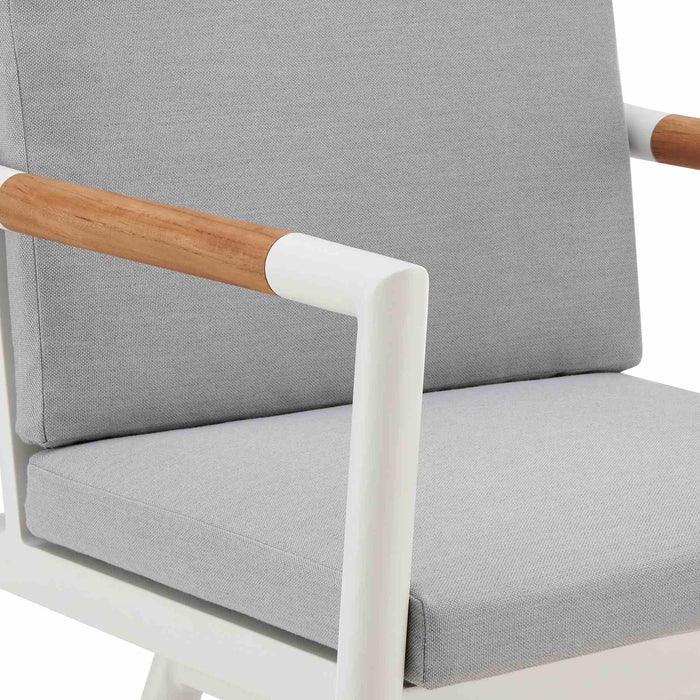 Crown Outdoor Patio Swivel Counter Stool in White Aluminum with Wood Accent and Light Gray Cushions