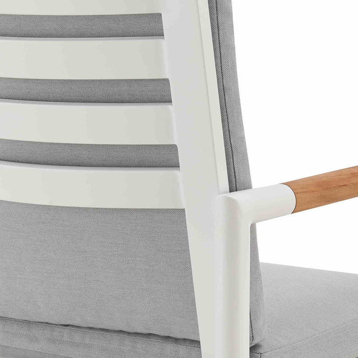 Crown Outdoor Patio Swivel Counter Stool in White Aluminum with Wood Accent and Light Gray Cushions