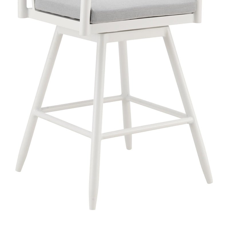 Crown Outdoor Patio Swivel Counter Stool in White Aluminum with Wood Accent and Light Gray Cushions - Furniture City (CA)l