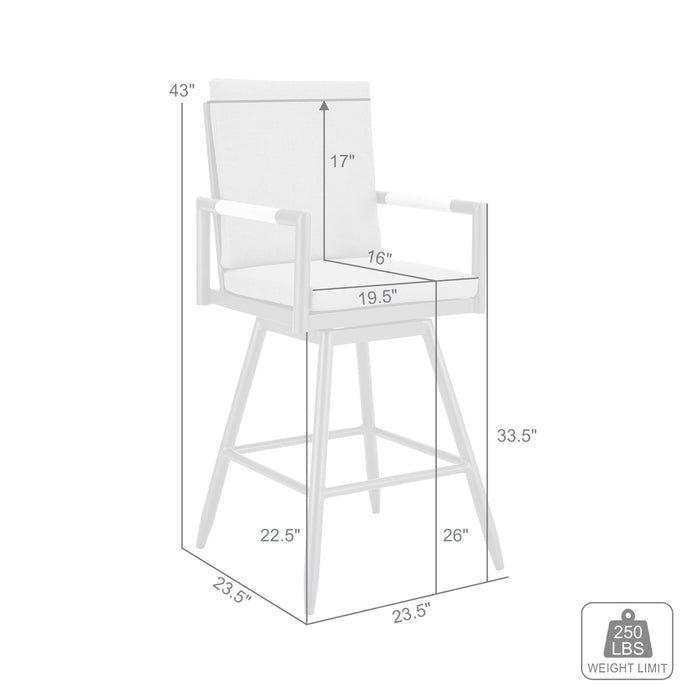 Crown Outdoor Patio Swivel Counter Stool in White Aluminum with Wood Accent and Light Gray Cushions