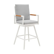 Crown Outdoor Patio Swivel Bar Stool in White Aluminum with Wood Accent and Light Gray Cushions - Furniture City (CA)l