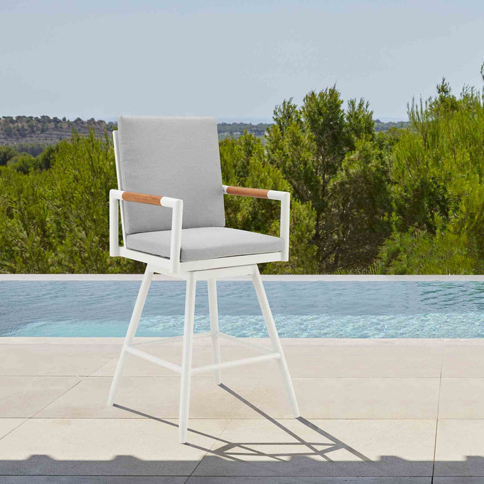 Crown Outdoor Patio Swivel Bar Stool in White Aluminum with Wood Accent and Light Gray Cushions
