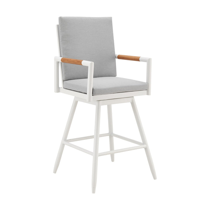 Crown Outdoor Patio Swivel Bar Stool in White Aluminum with Wood Accent and Light Gray Cushions