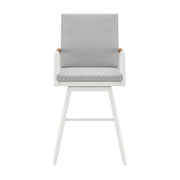 Crown Outdoor Patio Swivel Bar Stool in White Aluminum with Wood Accent and Light Gray Cushions - Furniture City (CA)l