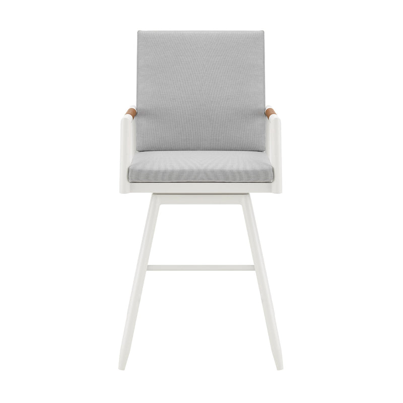 Crown Outdoor Patio Swivel Bar Stool in White Aluminum with Wood Accent and Light Gray Cushions - Furniture City (CA)l