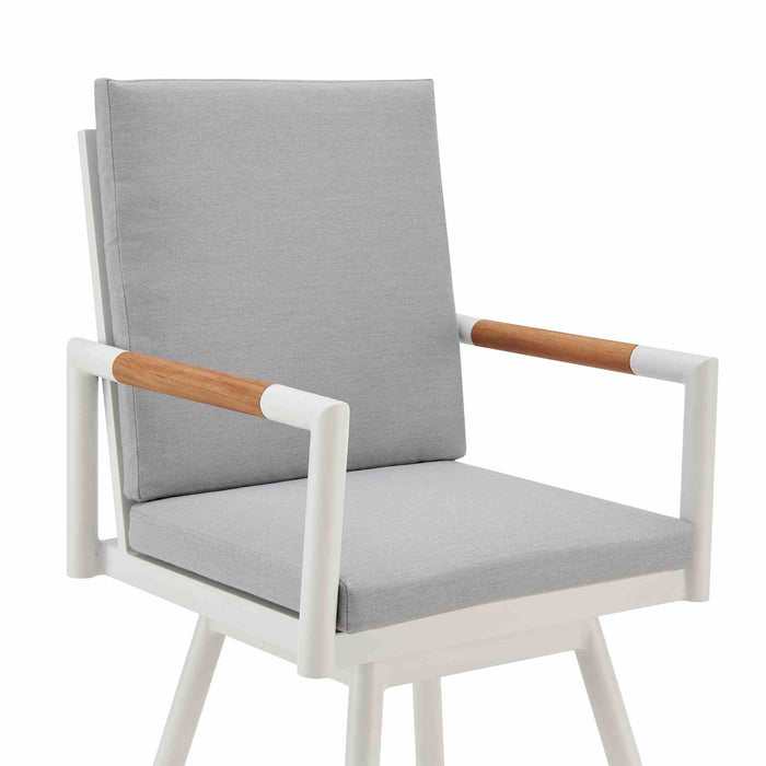 Crown Outdoor Patio Swivel Bar Stool in White Aluminum with Wood Accent and Light Gray Cushions