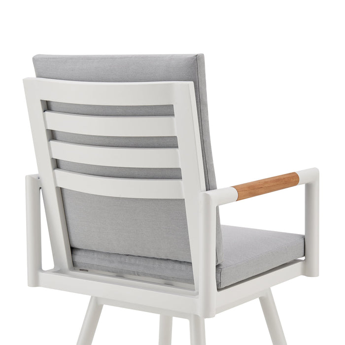 Crown Outdoor Patio Swivel Bar Stool in White Aluminum with Wood Accent and Light Gray Cushions