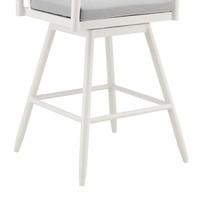 Crown Outdoor Patio Swivel Bar Stool in White Aluminum with Wood Accent and Light Gray Cushions