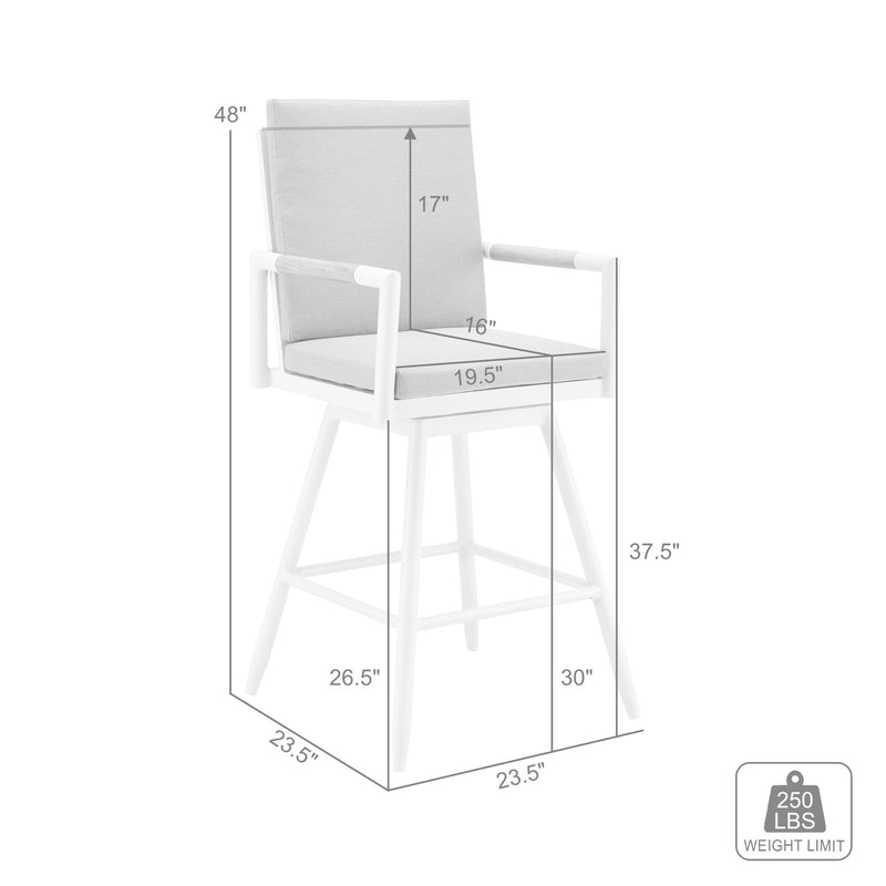Crown Outdoor Patio Swivel Bar Stool in White Aluminum with Wood Accent and Light Gray Cushions - Furniture City (CA)l