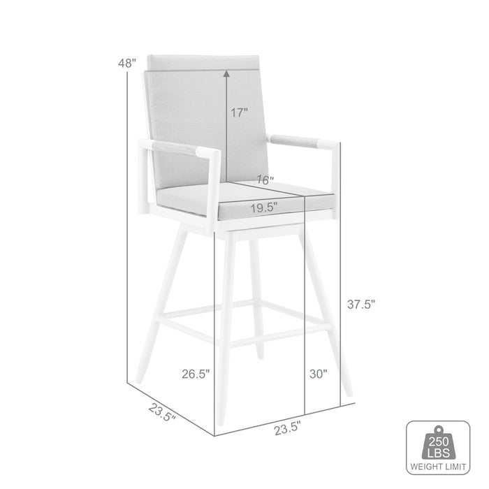 Crown Outdoor Patio Swivel Bar Stool in White Aluminum with Wood Accent and Light Gray Cushions