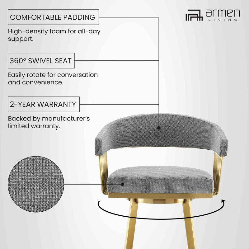 Chelsea 26" Swivel Counter Stool with Gold Brushed Stainless Steel and Anchor Gray Fabric - Furniture City (CA)l