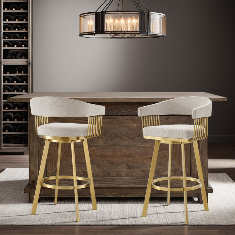 Chelsea 30" Swivel Bar Stool with Gold Brushed Stainless Steel and Taupe Fabric - Furniture City (CA)l