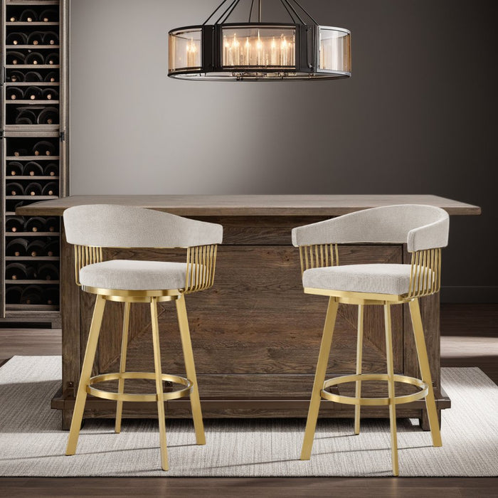 Chelsea 30" Swivel Bar Stool with Gold Brushed Stainless Steel and Taupe Fabric