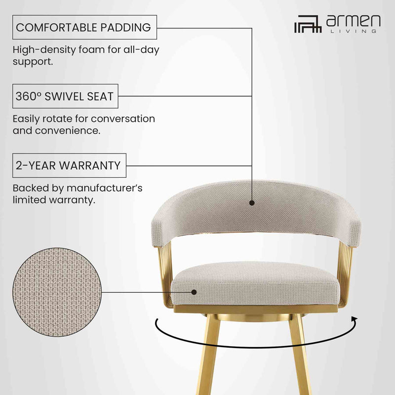 Chelsea 30" Swivel Bar Stool with Gold Brushed Stainless Steel and Taupe Fabric - Furniture City (CA)l