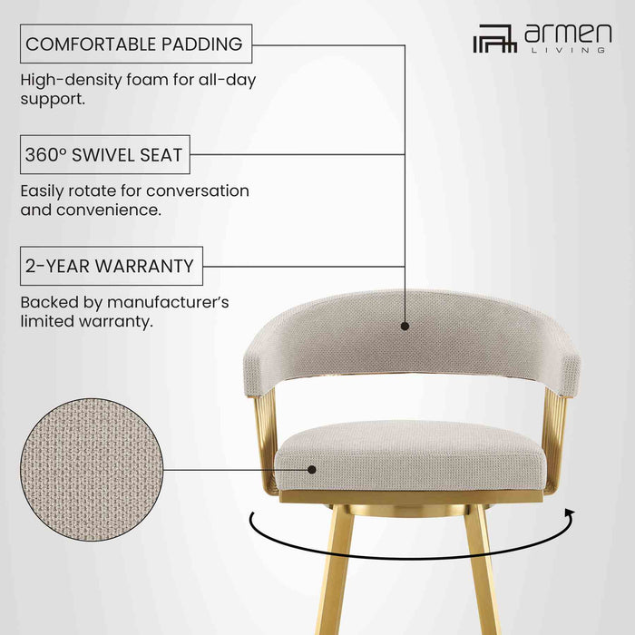 Chelsea 30" Swivel Bar Stool with Gold Brushed Stainless Steel and Taupe Fabric