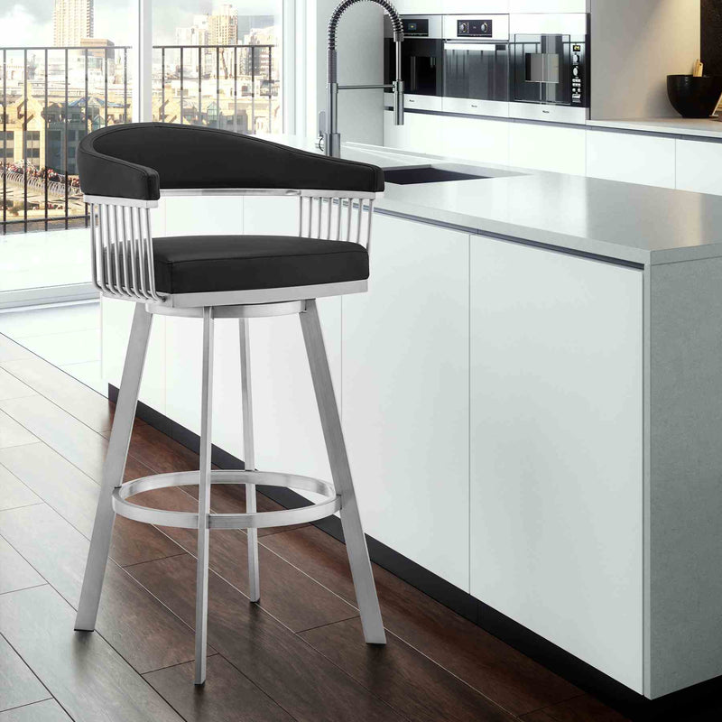 Chelsea 25" Swivel Counter Stool with Brushed Stainless Steel and Black Faux Leather - Furniture City (CA)l