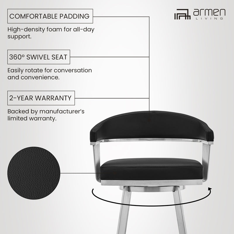 Chelsea 25" Swivel Counter Stool with Brushed Stainless Steel and Black Faux Leather - Furniture City (CA)l
