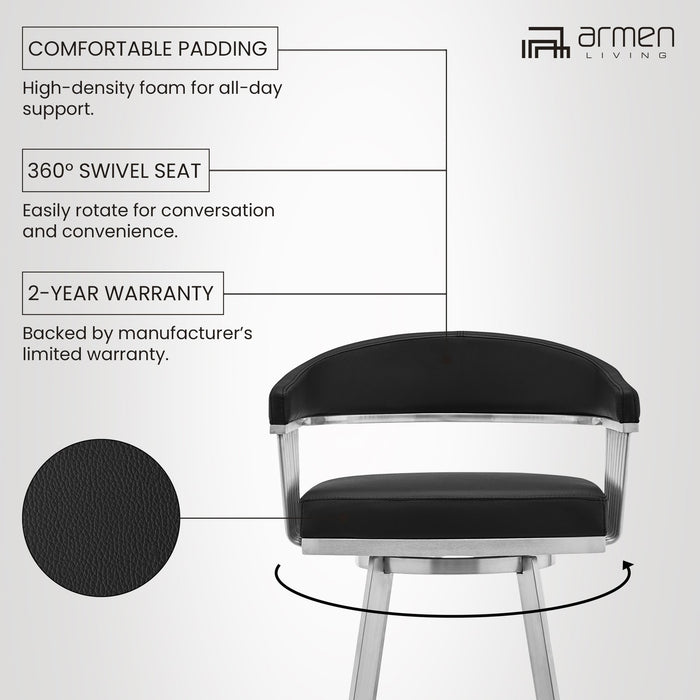 Chelsea 25" Swivel Counter Stool with Brushed Stainless Steel and Black Faux Leather