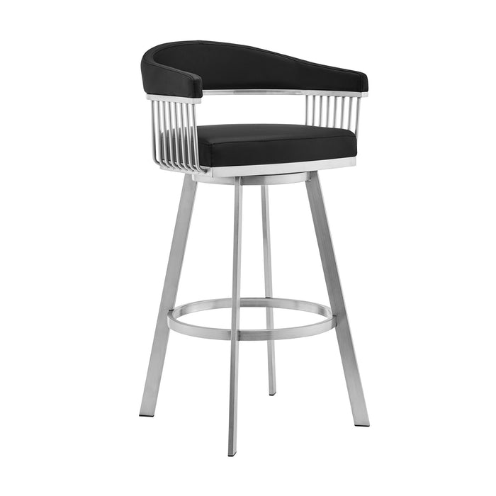 Chelsea 29" Swivel Bar Stool with Brushed Stainless Steel and Black Faux Leather