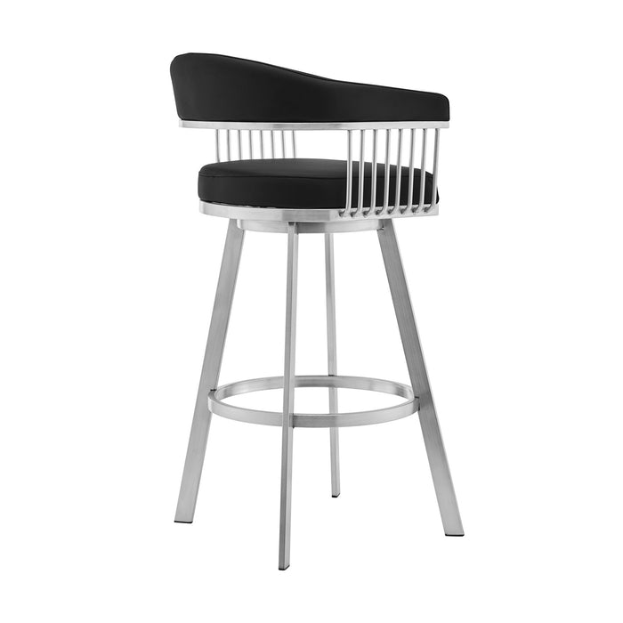 Chelsea 29" Swivel Bar Stool with Brushed Stainless Steel and Black Faux Leather