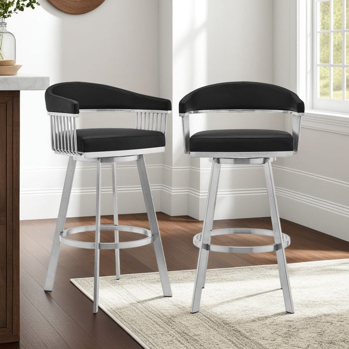 Chelsea 29" Swivel Bar Stool with Brushed Stainless Steel and Black Faux Leather