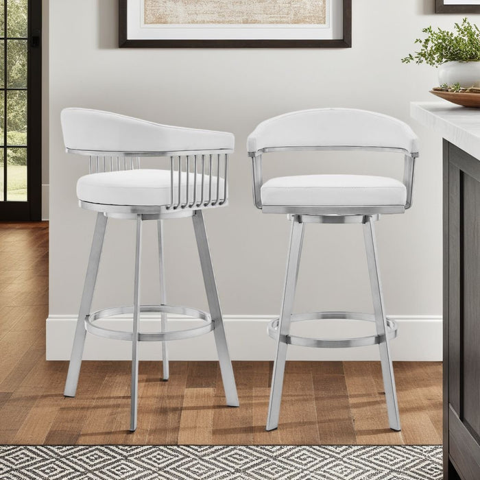 Chelsea 25" Swivel Counter Stool with Brushed Stainless Steel and White Faux Leather
