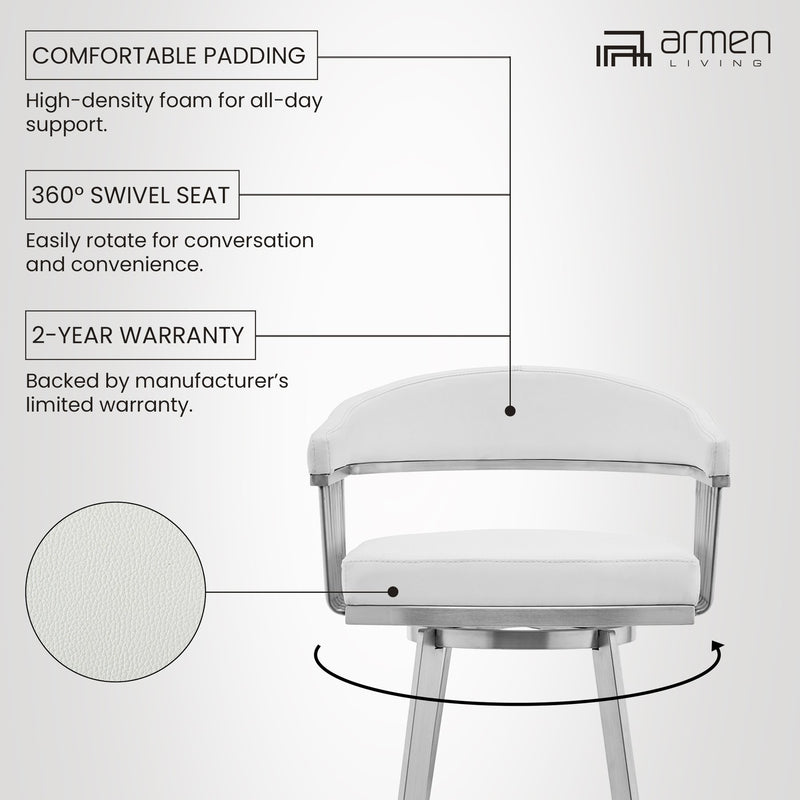 Chelsea 25" Swivel Counter Stool with Brushed Stainless Steel and White Faux Leather - Furniture City (CA)l