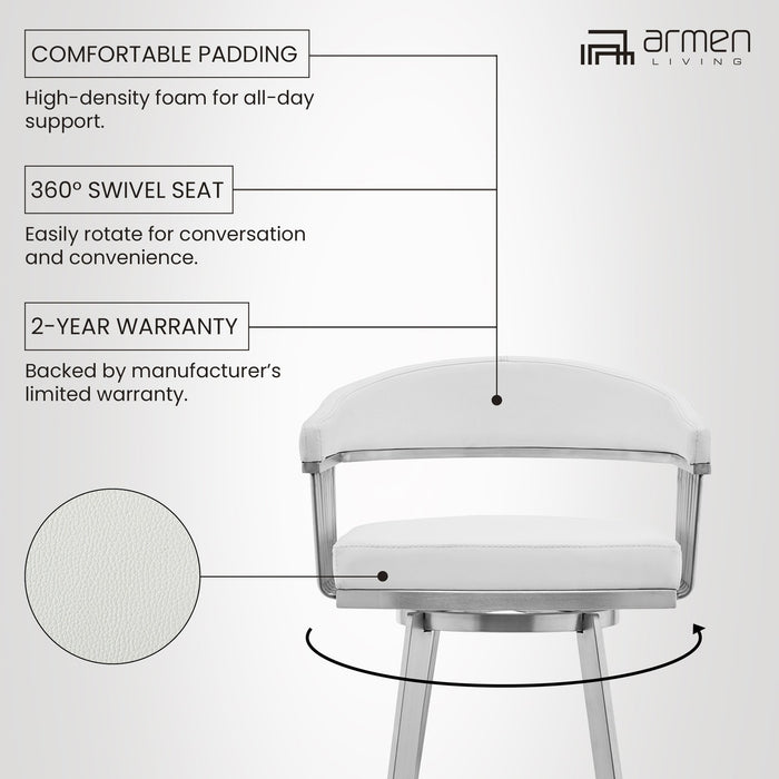 Chelsea 25" Swivel Counter Stool with Brushed Stainless Steel and White Faux Leather