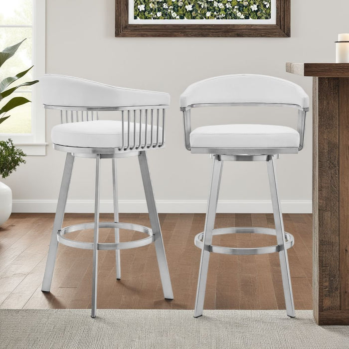 Chelsea 29" Swivel Bar Stool with Brushed Stainless Steel and White Faux Leather