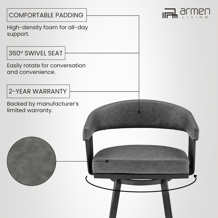 Chelsea 25" Swivel Counter Stool with Matte Black Finish and Vintage Gray Faux Leather