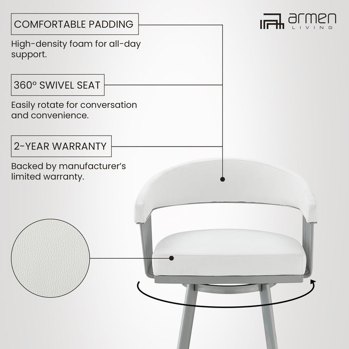 Chelsea 25" Swivel Counter Stool with Silver Metal Finish and White Faux Leather