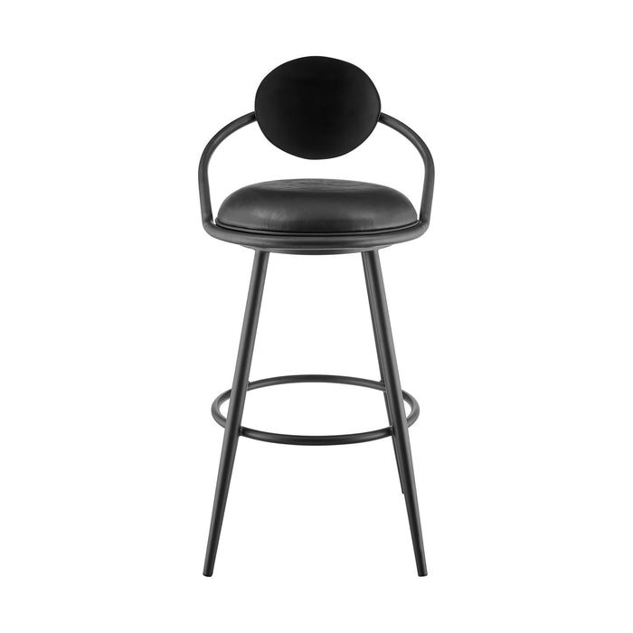 Carnation 26" Swivel Counter Stool in Black Iron with Vintage Black Faux Leather and Black Wood Back
