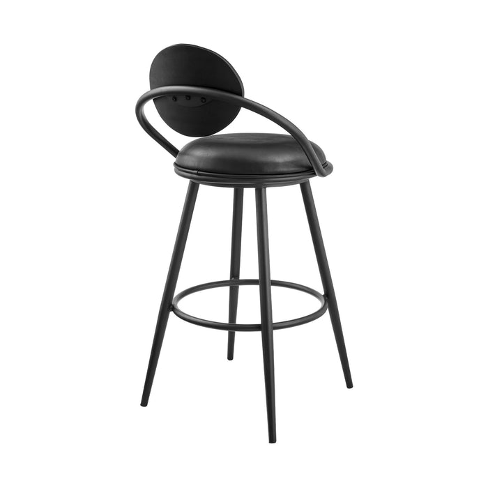 Carnation 26" Swivel Counter Stool in Black Iron with Vintage Black Faux Leather and Black Wood Back