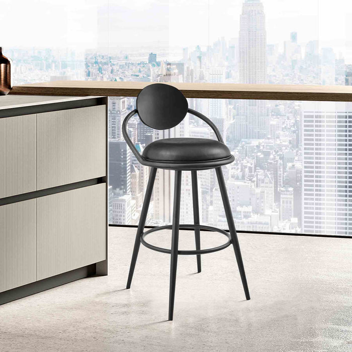 Carnation 30" Swivel Bar Stool in Black Iron with Vintage Black Faux Leather and Black Wood Back