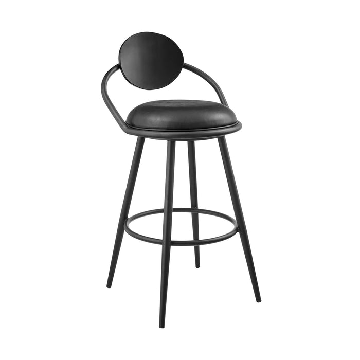 Carnation 30" Swivel Bar Stool in Black Iron with Vintage Black Faux Leather and Black Wood Back
