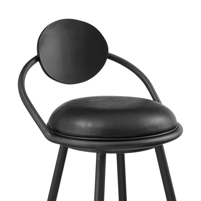 Carnation 30" Swivel Bar Stool in Black Iron with Vintage Black Faux Leather and Black Wood Back