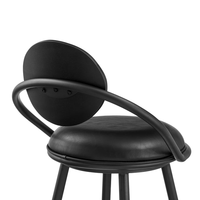 Carnation 30" Swivel Bar Stool in Black Iron with Vintage Black Faux Leather and Black Wood Back