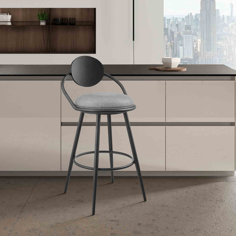 Carnation 26" Swivel Counter Stool in Black Iron with Vintage Gray Faux Leather and Black Wood Back - Furniture City (CA)l