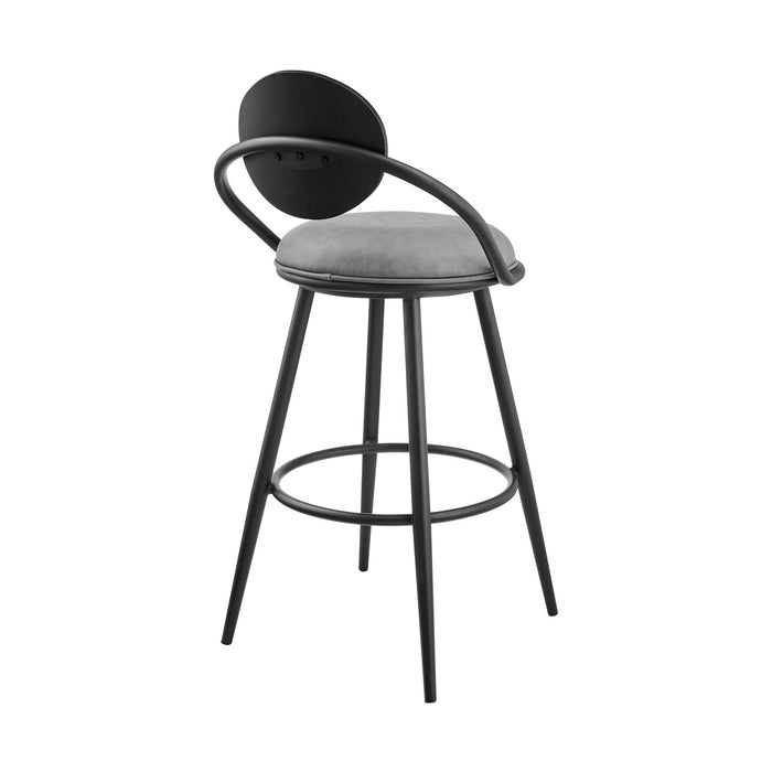 Carnation 30" Swivel Bar Stool in Black Iron with Vintage Gray Faux Leather and Black Wood Back