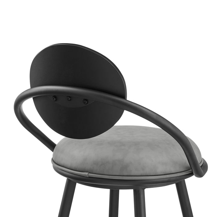 Carnation 30" Swivel Bar Stool in Black Iron with Vintage Gray Faux Leather and Black Wood Back