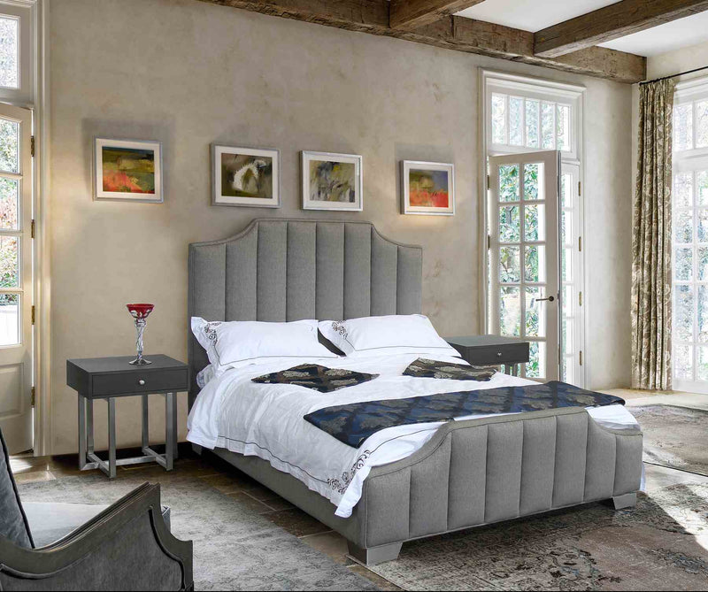 Camelot Contemporary Queen Bed with Polished Stainless Steel and Gray Fabric - Furniture City (CA)l