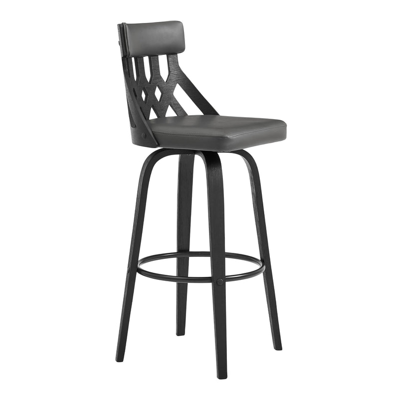 Crux 30" Swivel Bar Stool in Gray Faux Leather and Black Wood - Furniture City (CA)l